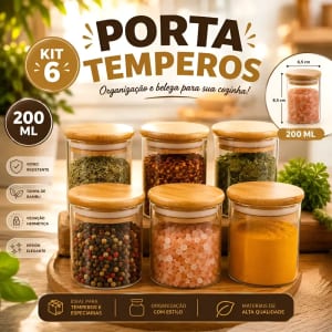 Kit 6 Pote Vidro Porta Temperos Hermético Cozinha Organiza Vidrotampa De Bambu