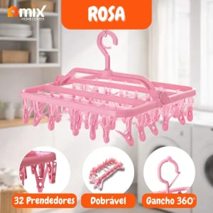 Varal Com 32 Pregadores Para Meia Calcinha Cueca Dobrável Cor Rosa