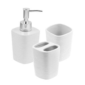 WOLFF Conjunto 3 Peças para Banheiro Lines Branco 1 Porta Sabonete Líquido, 1 Porta Algodão e 1 Porta Escovas
