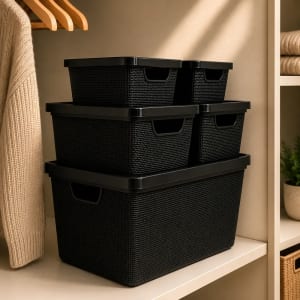 Kit 5 Caixas Organizadoras Cesto Tampa Multiuso 2l 6l 16l Preto