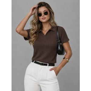 Camiseta Polo Wafle Feminina Texturizada sem Botão