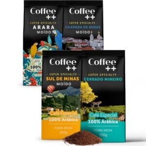 Kit 4 Pacotes Café Especial Torrado e Moído Coffee Mais Variedades: Arara Chapada de Minas Sul de Minas e Cerrado Mi