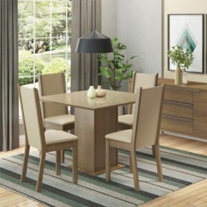 Conjunto Sala de Jantar Madesa Moscou Plus Mesa Tampo de Vidro com 4 Cadeiras - RusticCremaPérola