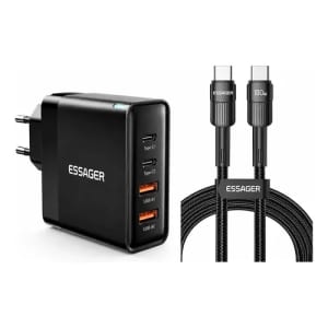Kit Carregador Turbo Essager 100w Gan + Cabo Usb-c 100w 2m Preto