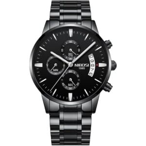 Relógio Nibosi Masculino 2309 Preto Aço Inoxidável Cronógrafo Ponteiros Pequenos Funcionais Estojo Original Garantia