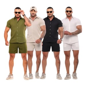 Conjunto Linho Camisa Shorts Mauricinho com Bolso