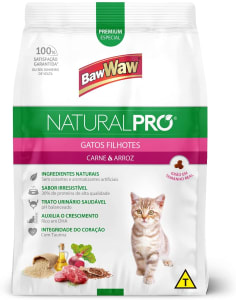 2 Unidades de Ração Baw Waw Natural Pro para gatos filhotes sabor Carne e Arroz - 1kg cada