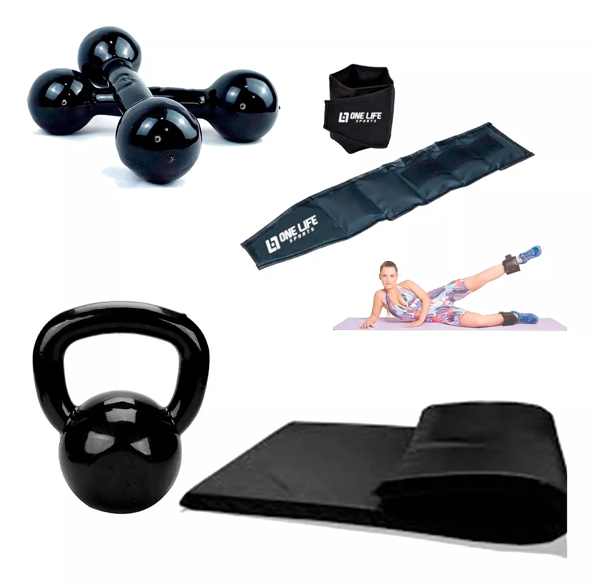 Caneleira 2kg + Colchonete + Halter 3 Kg + Kettlebell 4kg (Preto)