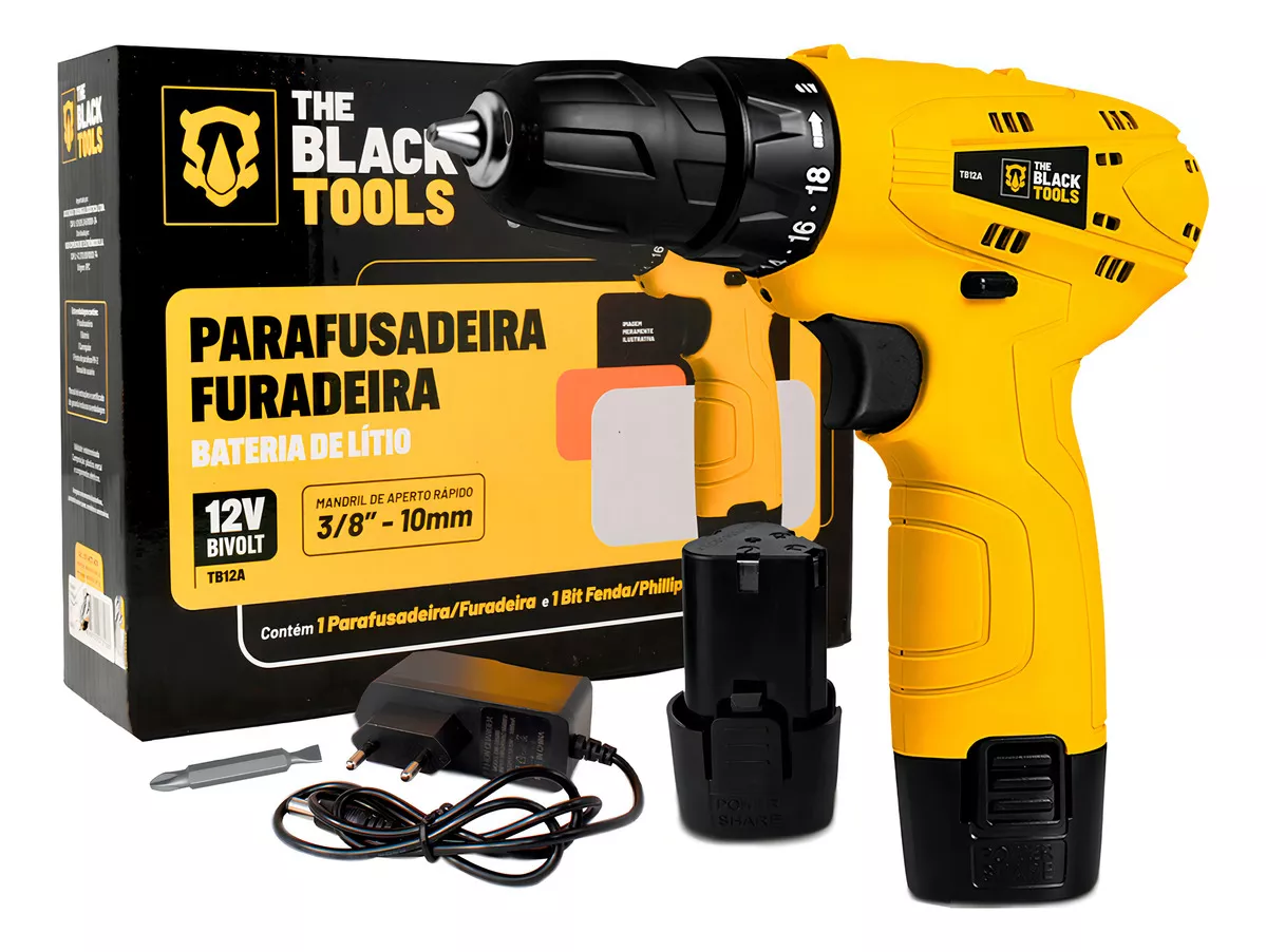 Parafusadeira Furadeira 3/8 Bivolt A Bateria 12v Cor Amarelo Frequência 60Hz 110V/220V