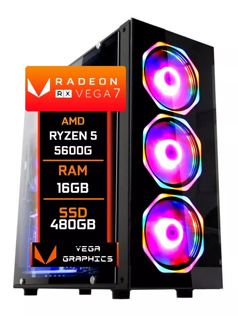 PC Gamer De Entrada, AMD Ryzen 5 5600G, Gráficos Integrados Radeon RX Vega 7, 16 GB RAM DDR4 3000Mhz, SSD 480 GB, Fonte 500W Reais Bivolt