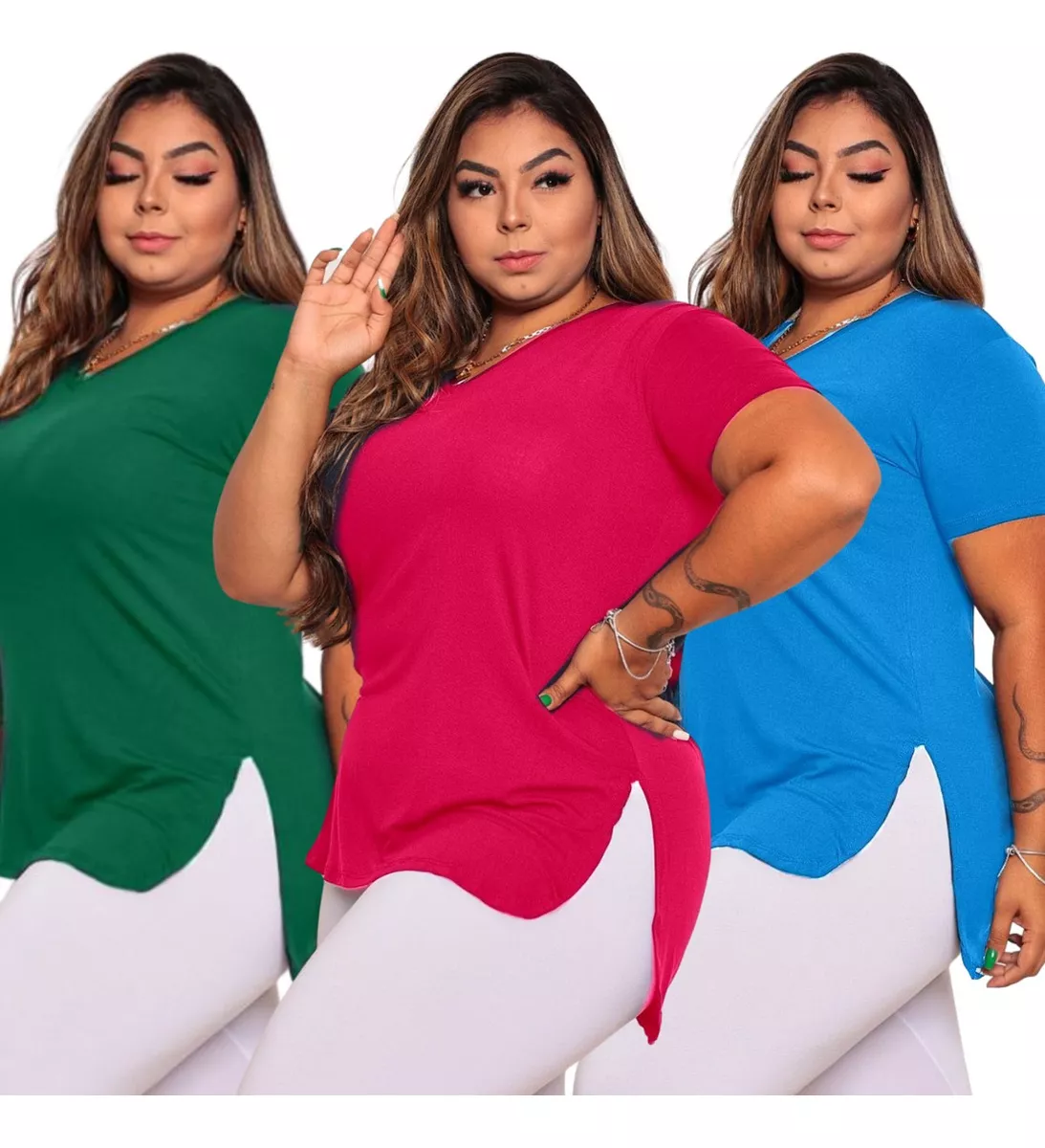 Kit 3 Blusa Feminina Longa Camiseta V Tapa Bumbum Plus Size, Disponível Em 4 Opções, Tamanhos GG e XGG