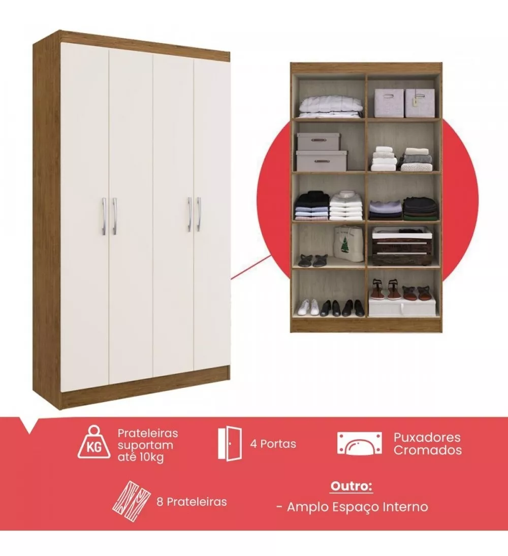 Guarda-roupa Solteiro 4 Portas Lyon 8 Prateleiras Off/white Cor Branco