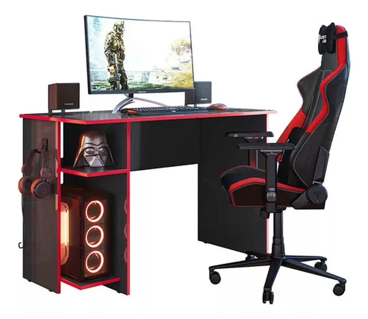 Mesa Gamer 2 Prateleiras 3875 Qmovi Cor Preto Com Vermelho