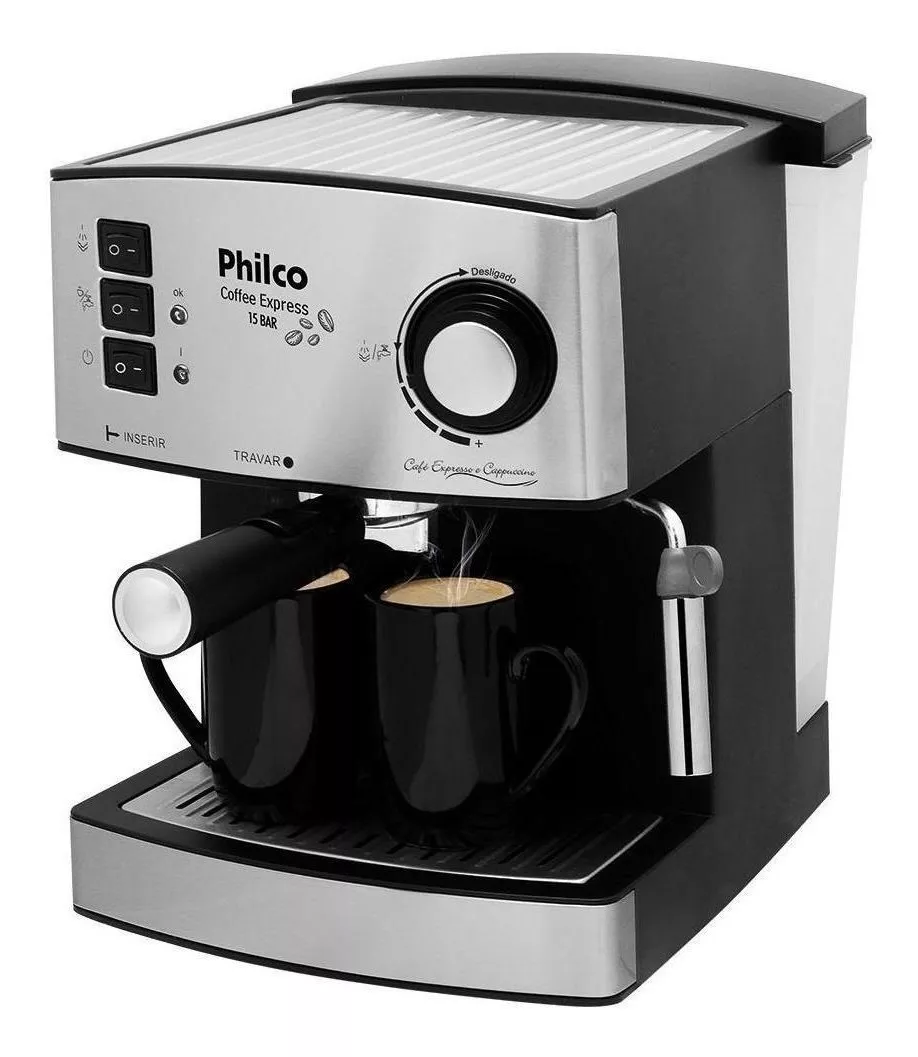 Cafeteira Semi Automática Philco Coffee Express 15 Bar Filtro Removível Em Aço Inox, 127V ou 220V (Preto/Prateado)