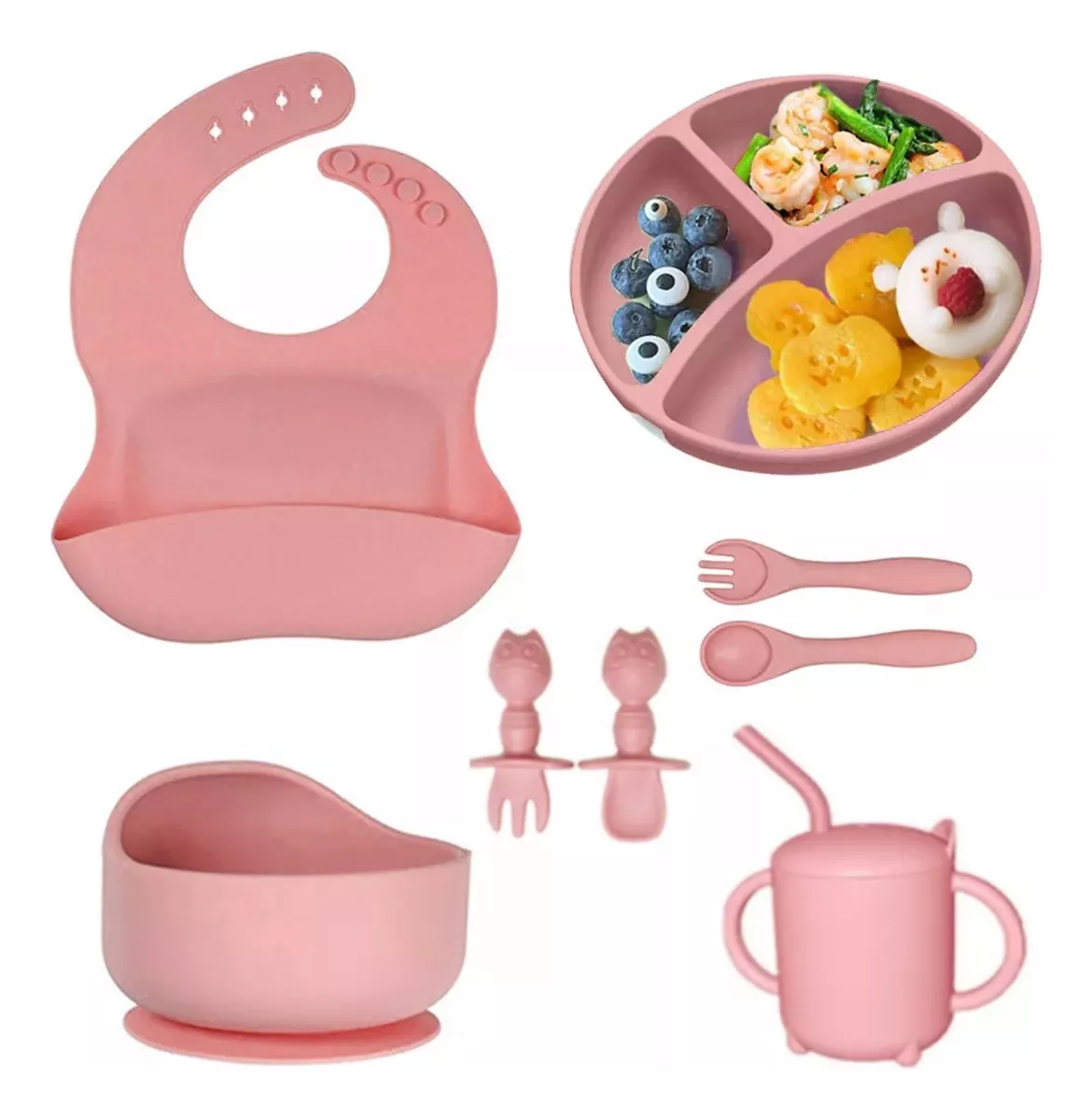 Kit 8 Alimentação Bebê Silicone Prato Babador Alimentar - Cor:Rosa-Claro