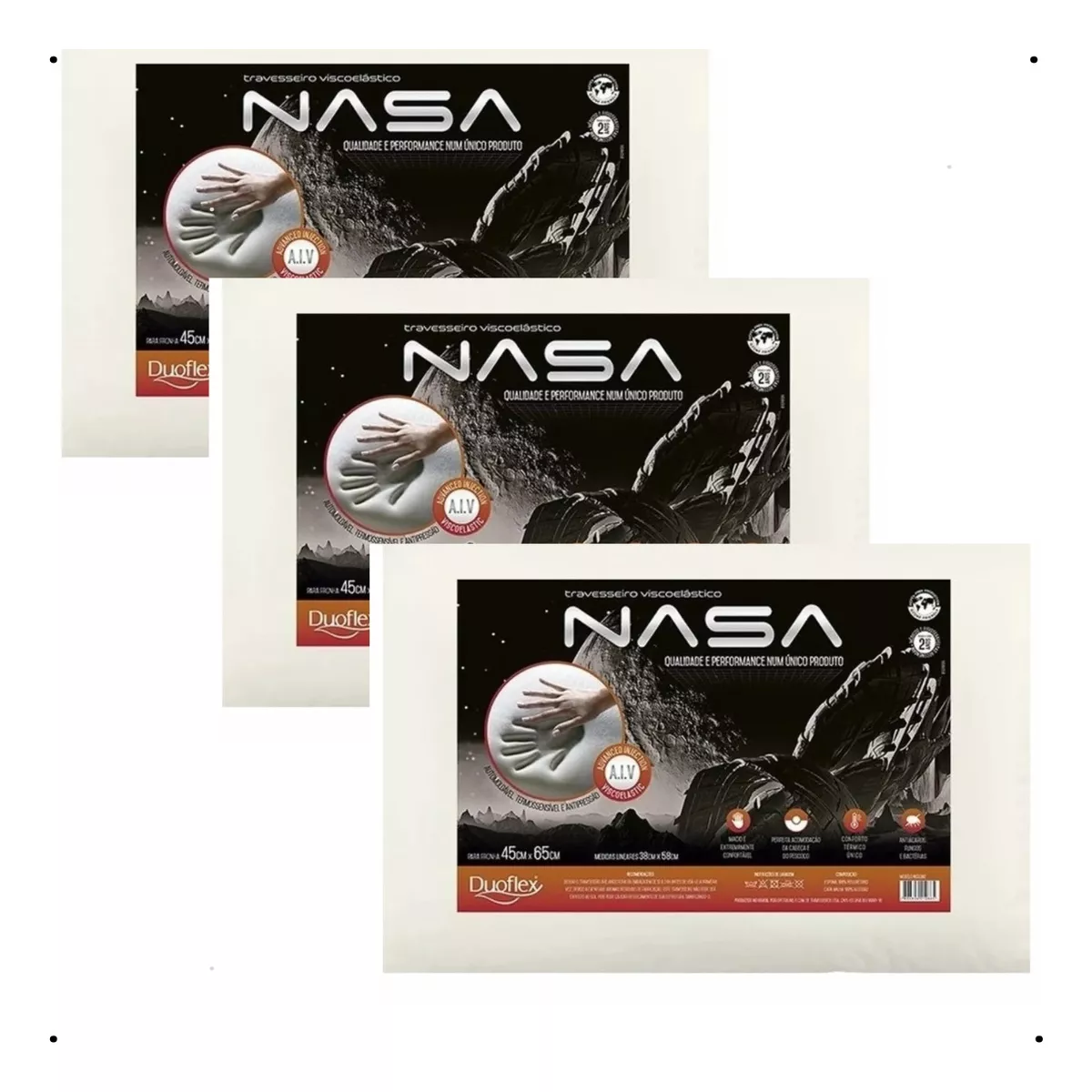 Kit 03 Travesseiros Ortopédicos Nasa-x Duoflex NS3200, 45x65cm