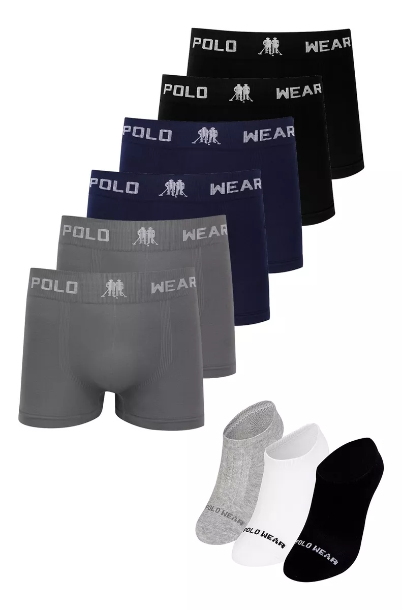 Kit 6 Cuecas + 3 Pares Meias Invisíveis, Polo Wear, Cores Sortidas