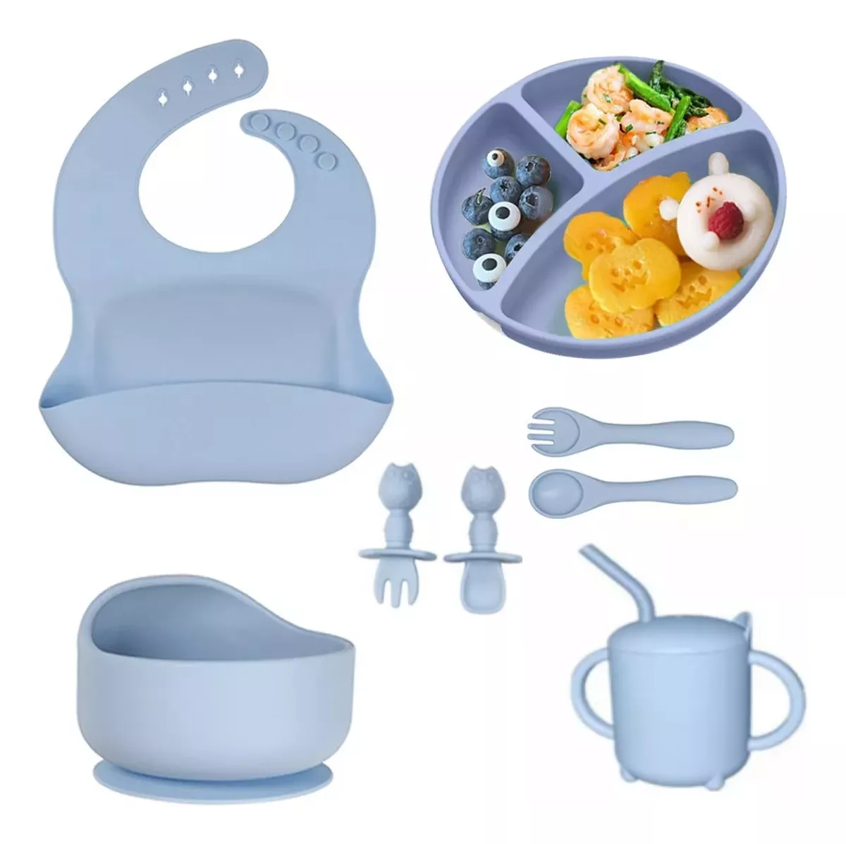 Kit 8 Alimentação Bebê Silicone Prato Babador Alimentar - Cor: Azul-Claro