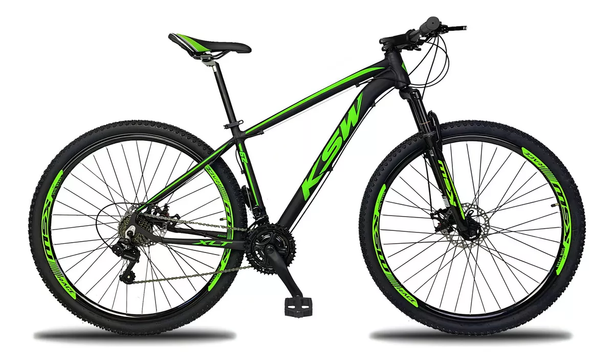 Bicicleta Aro 29 Ksw Alumínio 24 Vel Freio A Disco Mec Mtb Cor Preto com Verde Tamanho do quadro 17