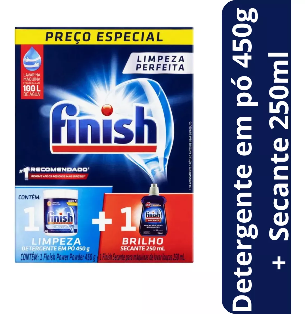 Finish kit 2 en 1 detergente em pó para máquina de lavar louças 450g e secante 250mL