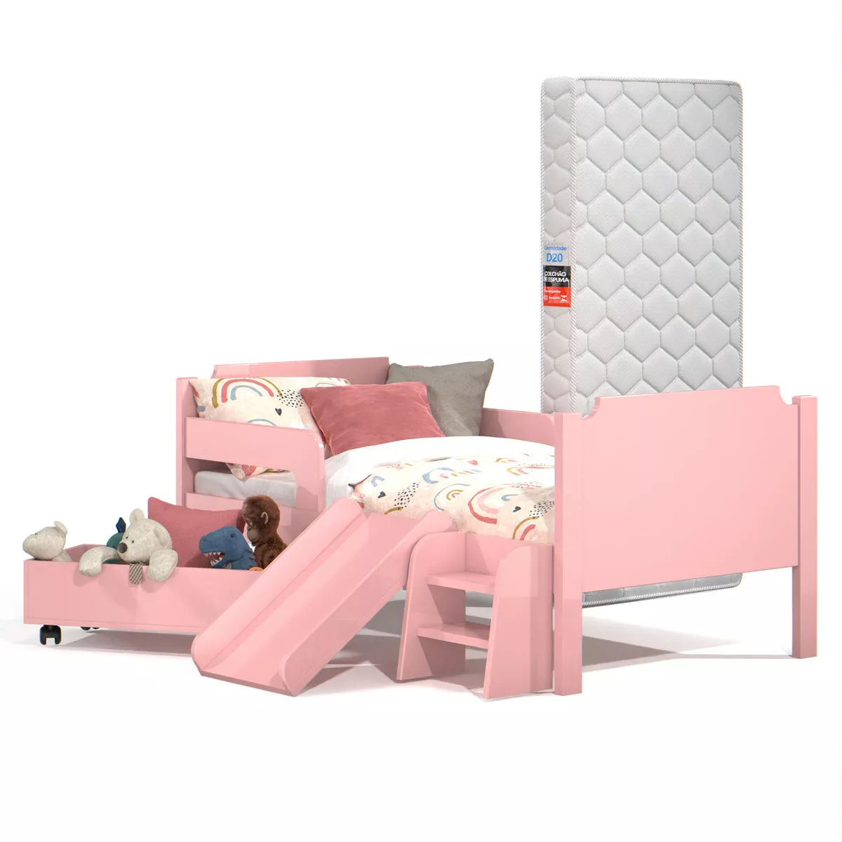 Mini Cama Infantil Com Proteção Lateral Com Baú Organizador Colchão E Escada Para Quarto De Criança