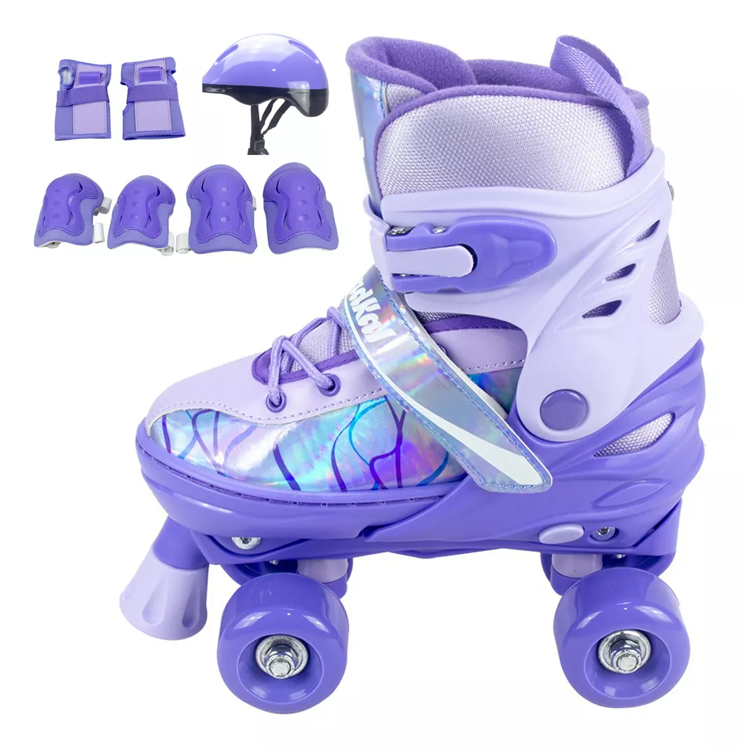 Patins Roller Infantil Quad 4 Rodas + Kit Proteção, Três Opções De Tamanho (Lilás)