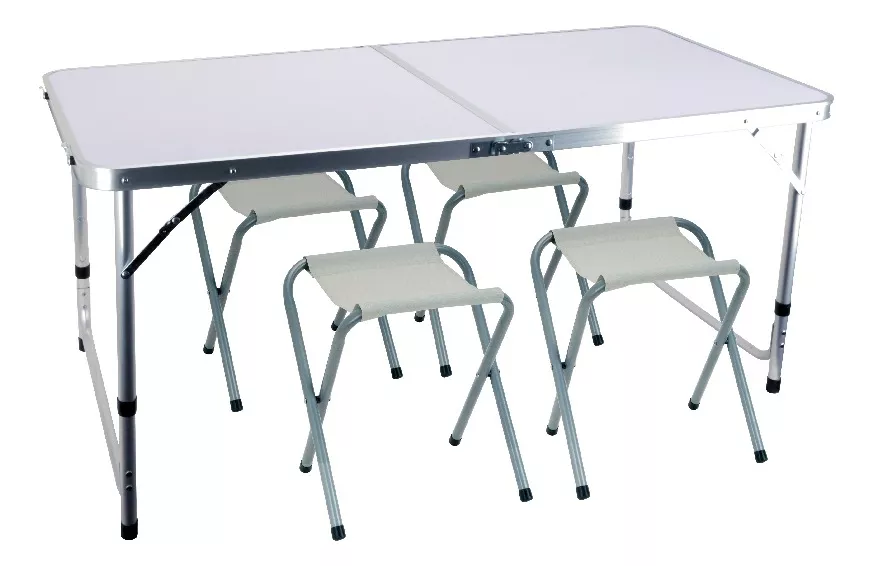 Conjunto Mesa Alumínio Camping Domo Com + 04 Bancos Evolux Cor Branco