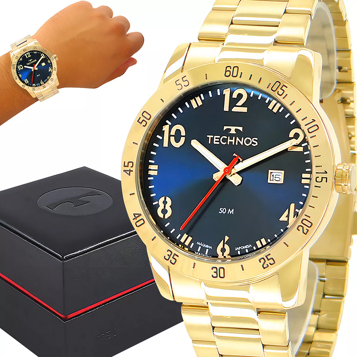 Relógio Masculino Technos Dourado Performance Militar Luxo Prova Dágua Top