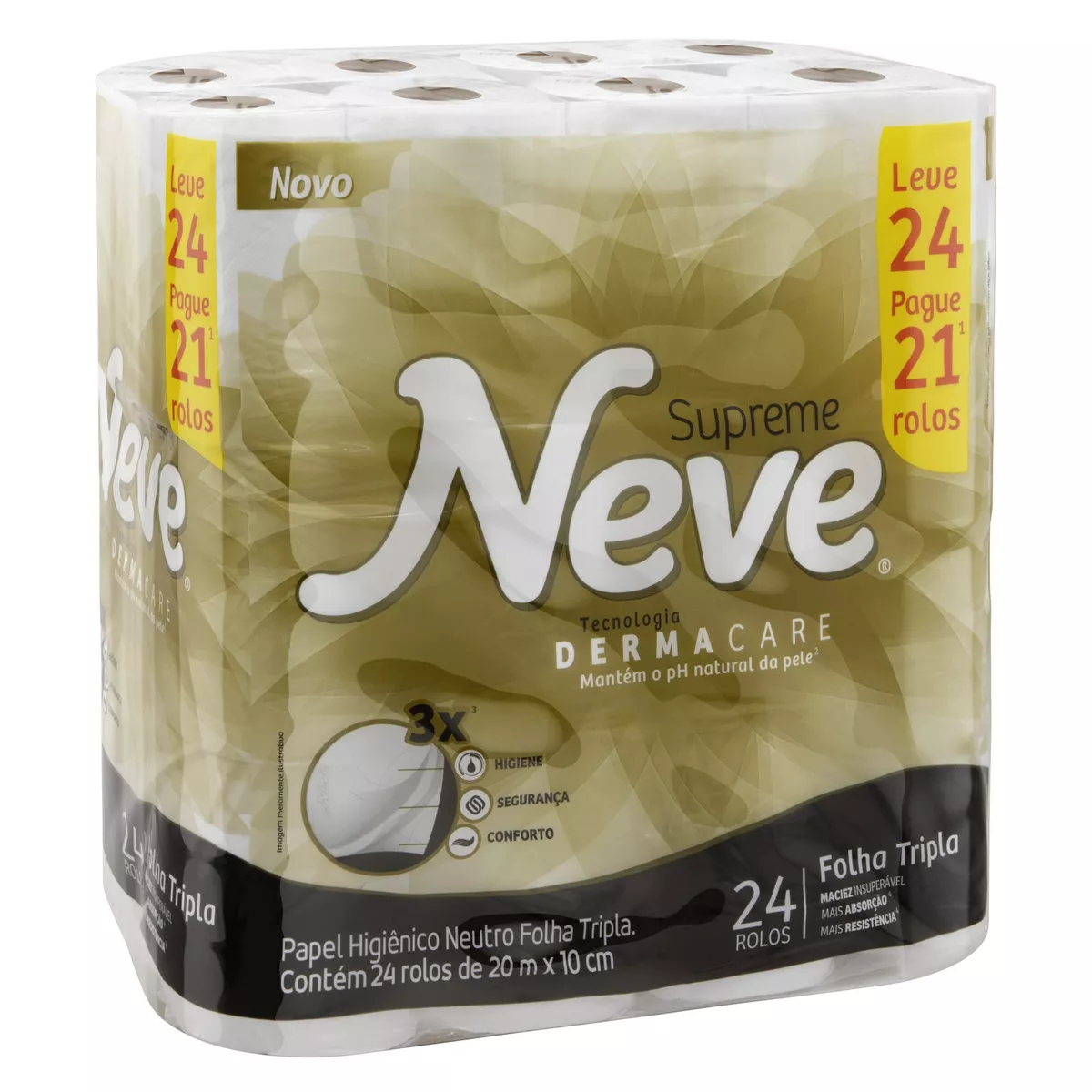 Papel Higiênico Neve Supreme Folha Tripla 20 metros 24 Rolos