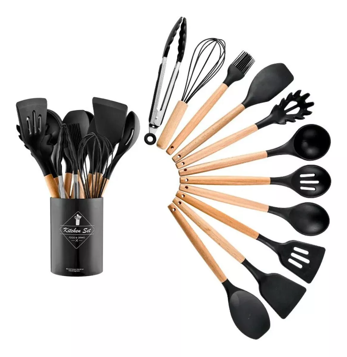 Kit C/12 Utensílios De Cozinha Silicone Cabo Madeira