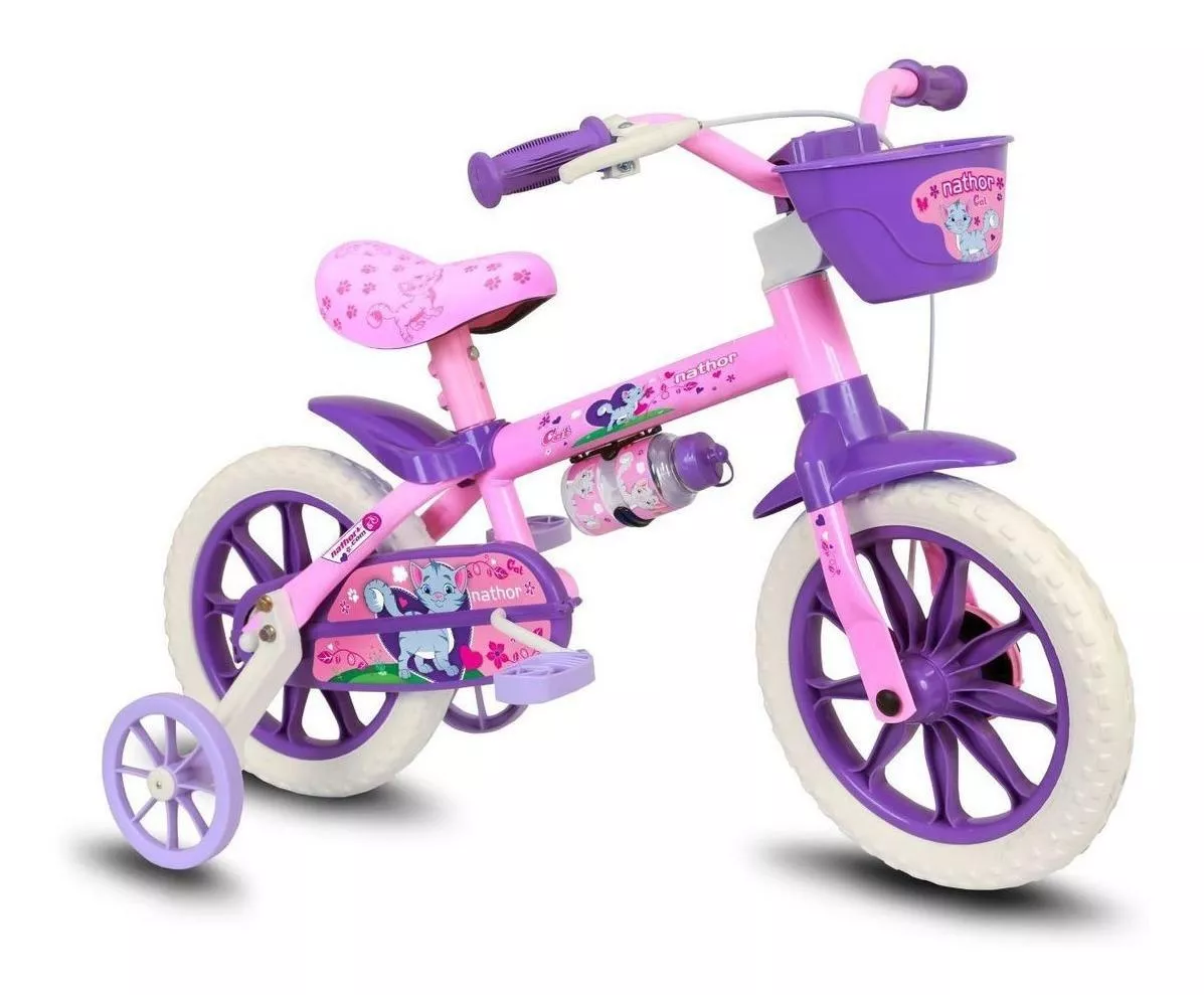 Bicicleta  De Passeio Infantil Nathor Cat 2022, Aro 12, Quadro 12, Freio Tambor Com Rodas de Apoio (Rosa/violeta)