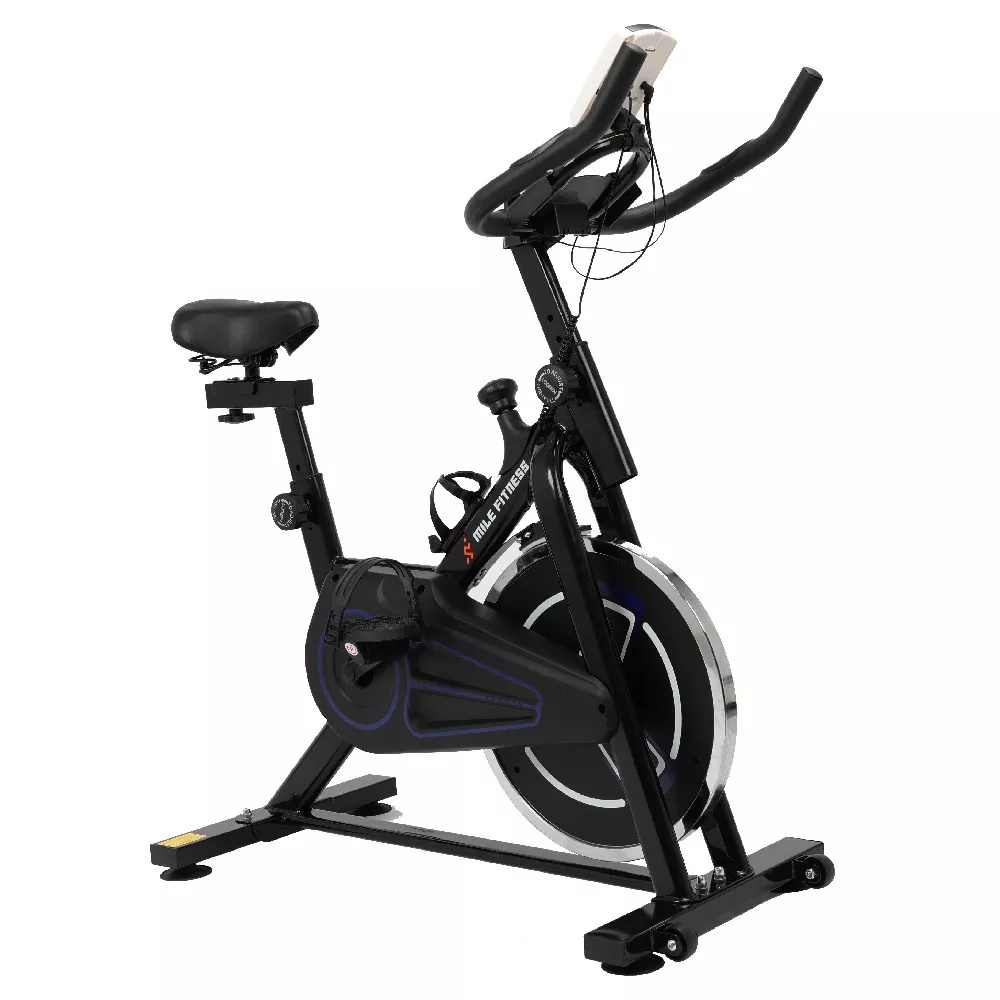 Bicicleta Ergométrica Mile Fitness Para Spinning Preta E Azul 20 Níveis De Intensidade Ajustável D2202191 Monitor De Exercício Suporta 130kg