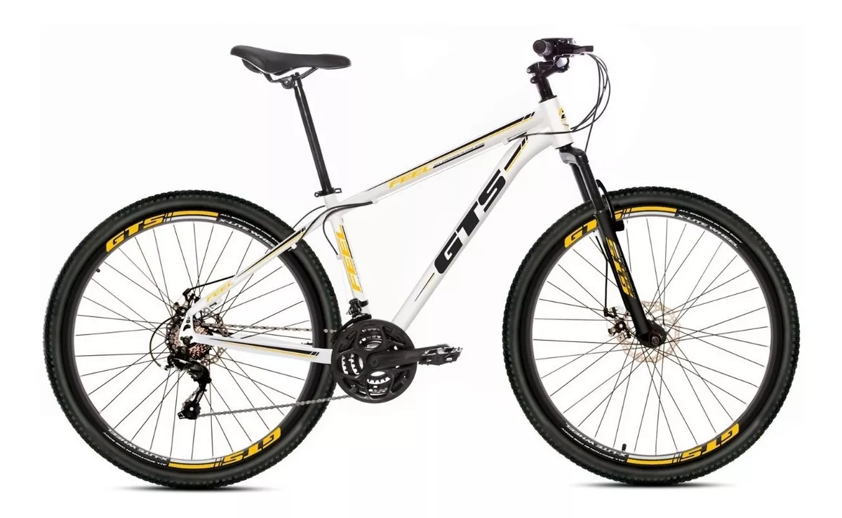 Mountain Bike GTS Feel, Aro 29, Quadro 17 ou 19, 21 Velocidades (Branco/Amarelo)