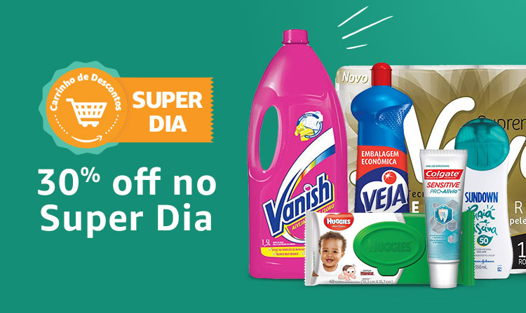 Carrinho de descontos no Super Dia - 30% off nos produtos selecionados