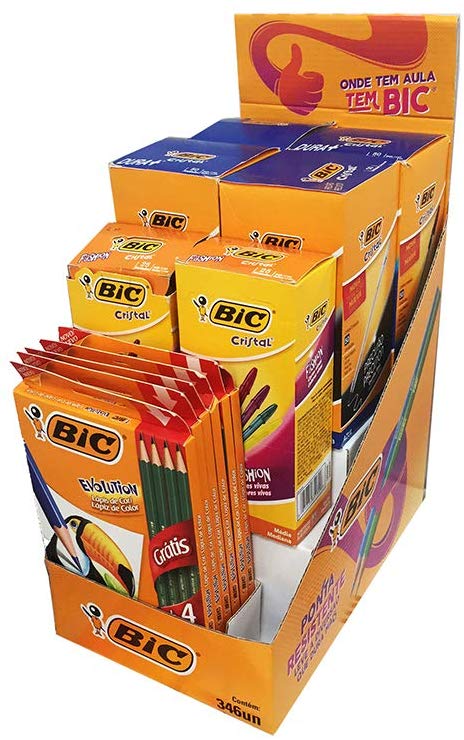 Kit PDQ BIC: 4 cartuchos de 50 und. Caneta BIC Cristal Dura+ Azul; 2 Cartuchos de 25 und. Caneta BIC Cristal Fashion Sortido e 6 Estojos Lápis de Cor 