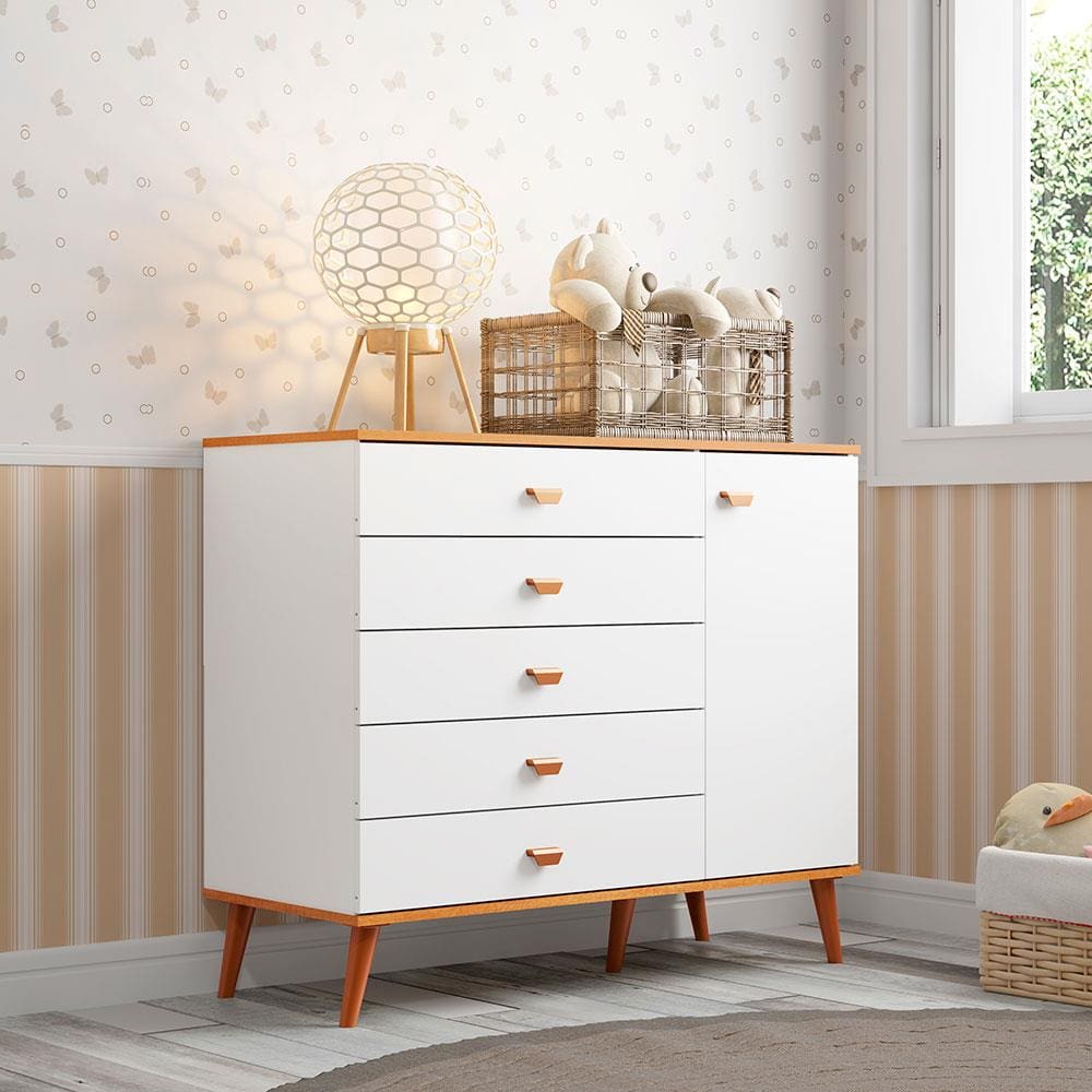 Cômoda Infantil Bartira Ternura com 5 Gavetas e 1 Porta - 106,8cm de largura - Branco Wood