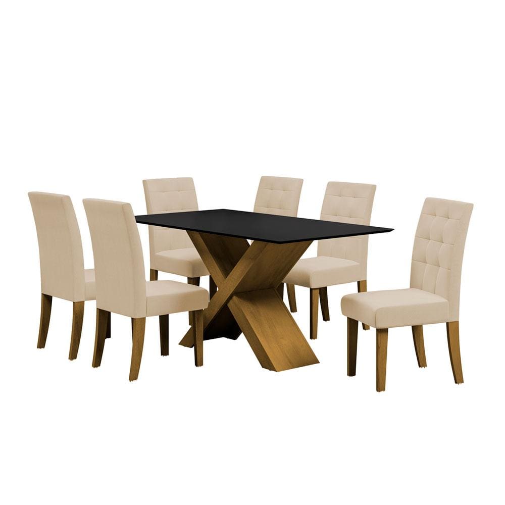 Mesa de Jantar Retangular Dobuê Dubai Light 160x90cm com 6 Cadeiras Estofadas Revestidas em Tecido Veloplus