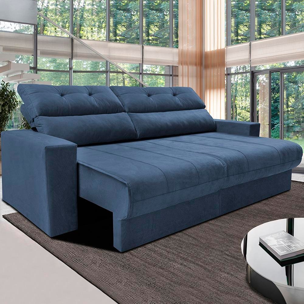 Sofá 3 Lugares Cama Inbox Clean com Assento Retrátil e Encosto Reclinável em Tecido Velusoft - 190 cm de Largura - Clean Azul