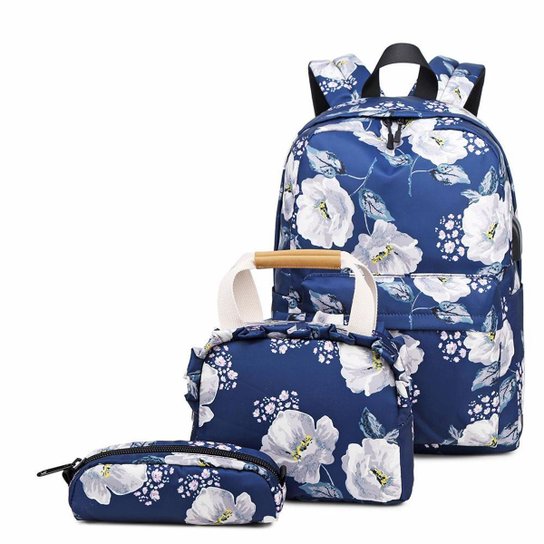 Kit Mochila Guelph Feminina Estojo Lancheira Necessaire Multifuncional Estilosa - Azul