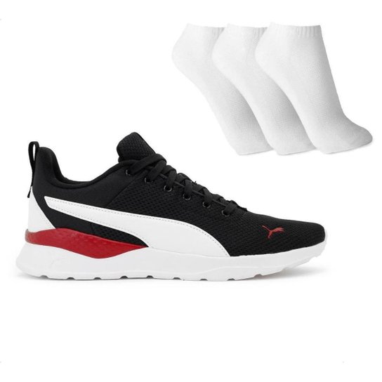 Tênis Puma Anzarun Lite Masculino + 3 Pares de Meias - Preto+Vermelho