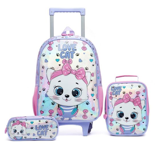 Kit Mochila Infantil Espaçosa Resistente Escolar - Roxo+Rosa