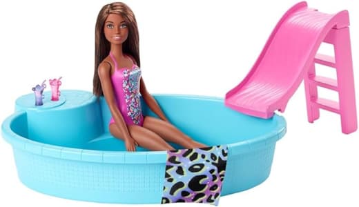 Barbie Conjunto de Brinquedo Maiô Rosa e Piscina para crianças a partir de 3 anos