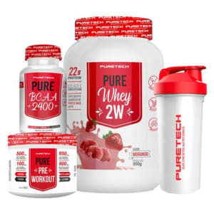 Kit PureTech Whey 2W 900g + BCAA 2400 129 caps+ Pré Treino 100g + Coqueteleira - Magazine Ofertaesperta