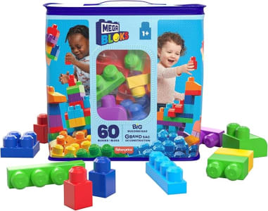 MEGA BLOKS, Sacola Azul com 60 Blocos de Montar Grandes e Coloridos, Conjunto de Brinquedo para Idades a partir de 1 ano