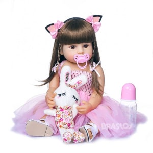 Boneca Bebe Reborn 55cm Corpo de Silicone Menina Princesa Rosa Presente para Crianças - BRASTOY