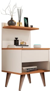 Mesa De Cabeceira Modelo Sleep Com Gaveta Pés Pinus Amadeirado em PVC (Disponível Em 5 Cores)