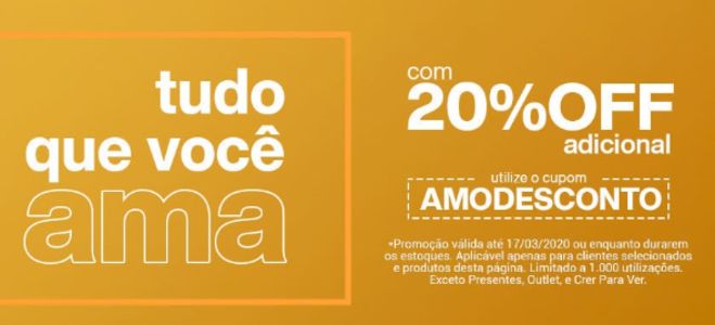 20% de desconto adicional com o cupom AMODESCONTO em produtos selecionados! 