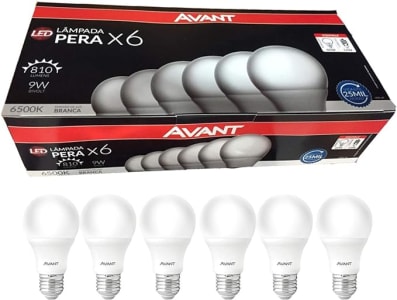 Kit Lâmpadas Pera LED, 6 unidades, 9W, Luz branca 6500K, soquete E27, Bivolt, Avant