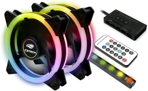 C3Tech kit Cooler Fan F7-L600RGB Gaming 12cm com Iluminacao RGB conector ARGB de 6 pinos baixo ruido rolamento hidraulico 1200RPM