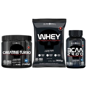 Kit Black Skull Whey Protein 100% Isolado Baunilha 900g + Creatina Turbo 150g + BCAA 2400 120g